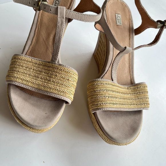 UGG Australia Fitchie Platform Wedge Sandals T-STRAP Oyster Tan beige Si… - Picture 2 of 10